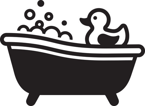 Black silhouette icon of a bathtub with a rubber duck and soap bubbles bubble bath bathroom icon vector graphic home icon bathroom design child bath duck toy simple icon