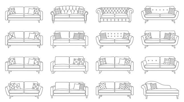 Collection of Various Modern and Classic Sofa Line Icons for Interior Furniture Design