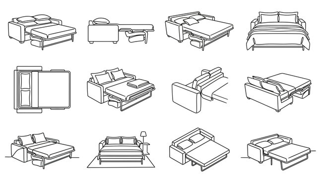 Set of Minimalist Convertible Sofa Bed Line Art Illustrations for Interior Design