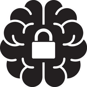 Black silhouette of a human brain with a closed padlock icon symbolizing protected secrets or secure knowledge protection knowledge intelligence security confidential thinking