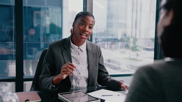 Businesswoman, document and meeting in office with client, data analysis or risk assessment for loan. Financial advisor, people and talk with stats for debt review, planning or guidance for liability