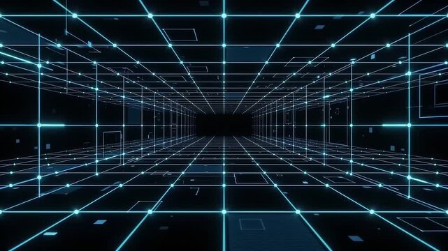 Futuristic glowing grid moving 4k video animation, digital perspective grid background, neon technology floor, abstract cyber space, sci-fi motion graphics