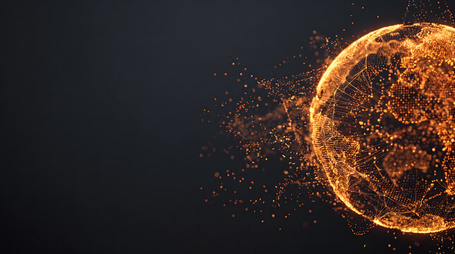 Abstract point cloud sphere dissolving into particles in warm orange glow, data transformation concept