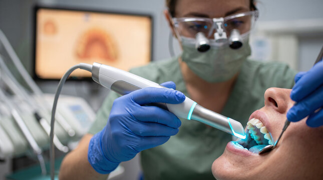 Dentist examining patient teeth using an advanced intraoral scanner