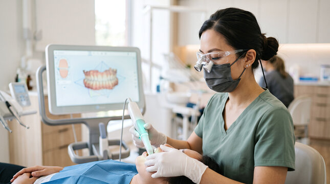 Dentist scanning patient teeth using digital intraoral scanner in clinic