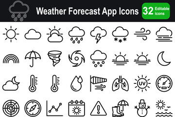 Fototapeta premium Weather forecast app icon set in line style. Climate and meteorology linear icon collection. Containing sun, rain cloud, thunderstorm, thermometer and more. Editable stroke