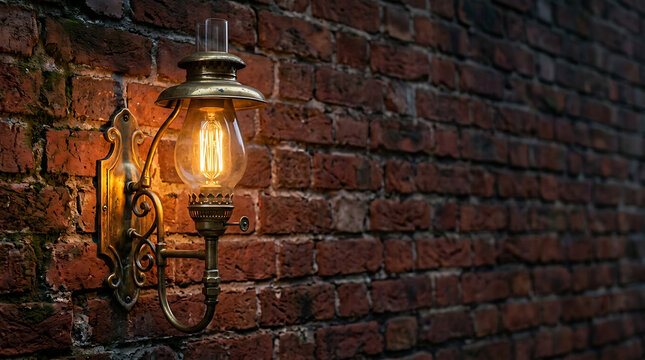 Vintage gas light mounted on a weathered red brick wall