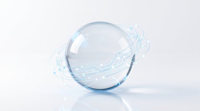 Transparent crystal glass sphere features glowing blue digital data circuits with interconnected nodes captured in sharp high resolution 3d rendering