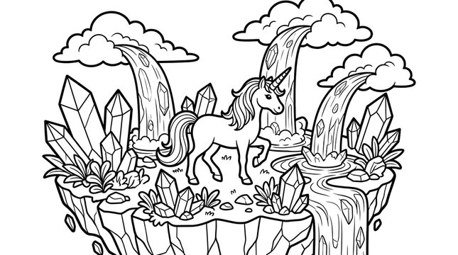 Unicorn standing on a floating island with waterfalls and glowing crystals, black and white coloring page for fantasy enthusiasts