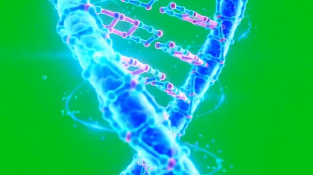 Rotating glowing blue 3D DNA double helix on green screen