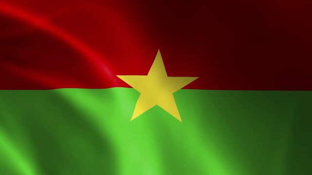 Waving Burkina Faso flag with a red upper stripe, a green lower stripe and a yellow five-pointed star in the middle, fluttering in the wind, full HD 5 second seamless loop animation