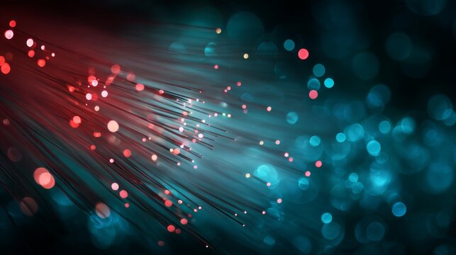 Defocused fiber optic lights abstract background with glowing optical cables, high speed data transmission, digital communication network, internet connectivity, telecommunications technology, futuris