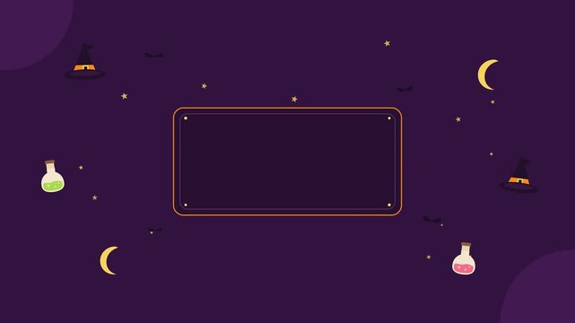 Halloween Witch Hat and Magic Potion Background with Flying Bats, Crescent Moons and Stars, Seamless 4K Spooky Festival Motion Graphic with Copy Space for Party and Promotion