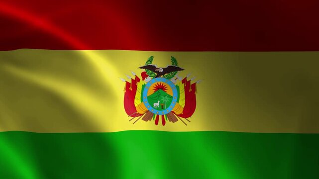 Waving Bolivia national flag with red, yellow and green horizontal stripes and the state coat of arms in the center, fluttering in the wind, full HD 5 second seamless loop animation