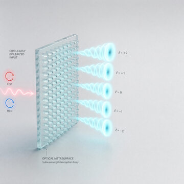 3D metasurface orbital angular momentum OAM multiplexing concept, translucent subwavelength nanopillar array with glowing helical vortex beam with copy space
