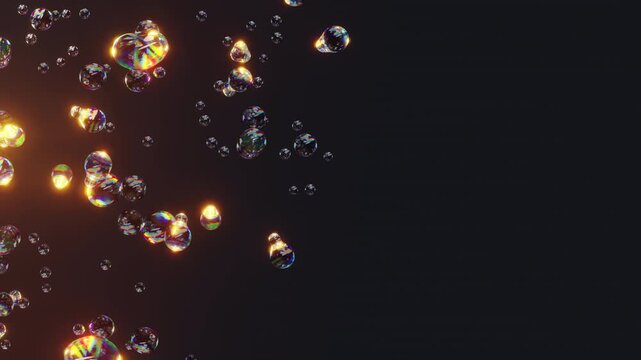Looping 4K 3D render of liquid glass metaballs and bubbles with golden glow, rainbow iridescence, refraction and colorful dispersion. Futuristic abstract visual for digital and tech projects.