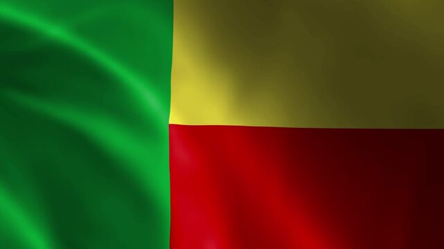 Waving Benin national flag with a green vertical band at the hoist and yellow and red horizontal bands, West African banner, fluttering in the wind, full HD 5 second seamless loop animation