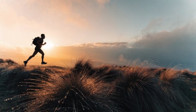 Silhouette of a lone trail runner in profile, mid-stride, against a sunset sky