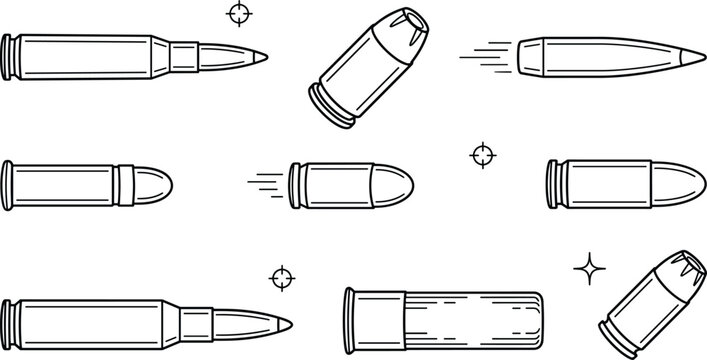 Bullet and Ammunition Cartridge Vector Set Featuring Rifle Shells, Pistol Calibers, Shotgun Slug, and Speed Motion Target Line Art Designs