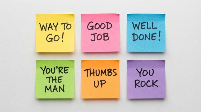 Colorful sticky notes with encouraging messages arranged in a grid on a white surface