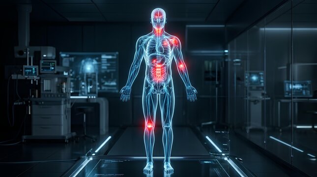 Holographic human body showing joint pain in medical laboratory.