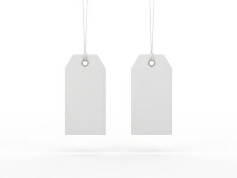 Two hanging blank gray tags with strings