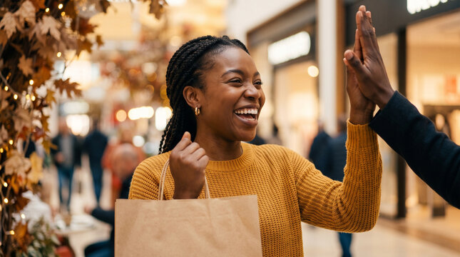 Smiling shopper high fiving friend in mall