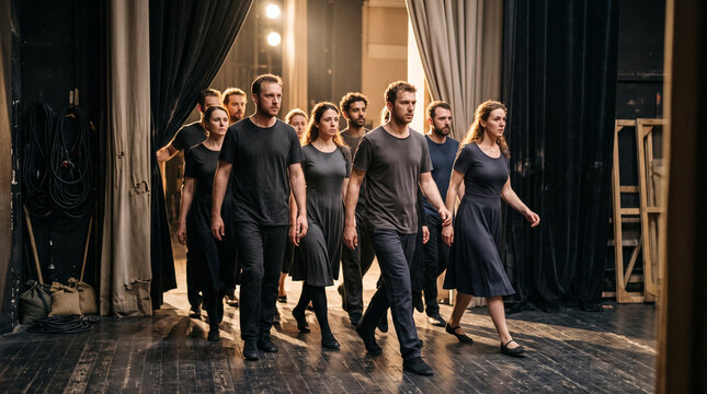 Theater cast backstage entering stage