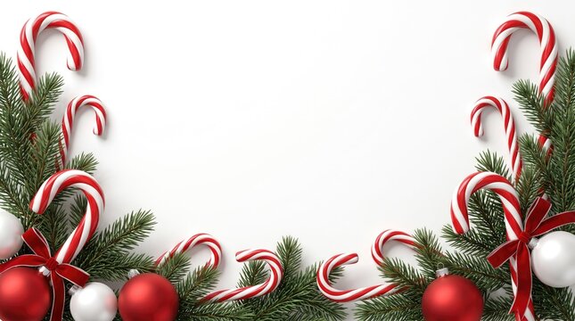 Christmas festive border with fir branches candy canes and red ornaments isolated on white background copy space