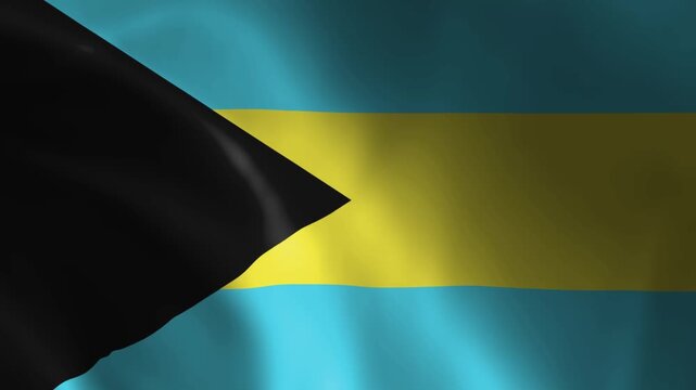 Waving flag of the Bahamas with aquamarine and gold horizontal stripes and a black triangle on the hoist side, fluttering in the wind, full HD 5 second seamless loop animation