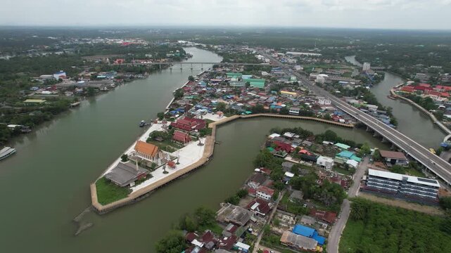 Aerial view of Wat Yai on the Mae Klong River in Samut Songkhram, Thailand