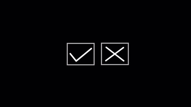 Yes ,No Selection Animation , Check Mark ,No and Cross Symbol in 4K.Correct Incorrect Check Mark and Cross Icon Animation on transparent background .Checkbox Selection Motion Graphic