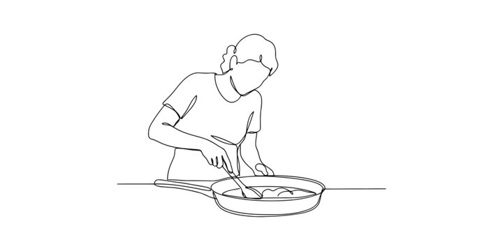 Continuous line drawing of a person cooking food in a frying pan
