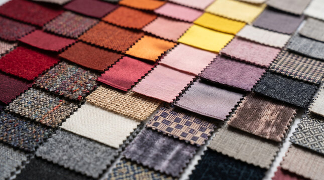 Colorful fabric swatches and textured textile samples arranged in grid.