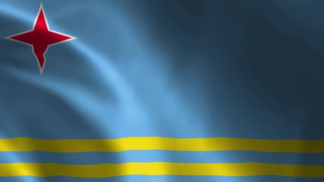 Waving Aruba flag with a light blue field, two narrow yellow stripes and a red four-pointed star in the upper left corner, fluttering in the wind, full HD 5 second seamless loop animation