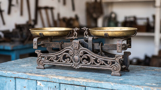Antique cast-iron balance scale on a workshop workbench with brass pans and patina.