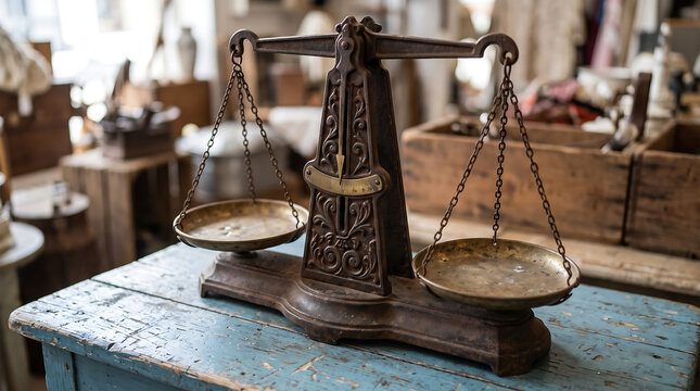 Antique brass balance scales on rustic wooden table in vintage workshop.