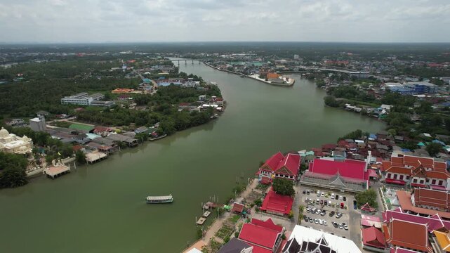 Aerial view of Wat Yai on the Mae Klong River in Samut Songkhram, Thailand