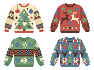 Festive christmas sweaters vector graphic set featuring traditional winter holiday patterns with reindeer trees and snowflakes © Kevin