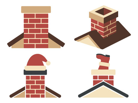 Red brick chimney icons set with santa hat and boot vector graphic illustration for holiday design