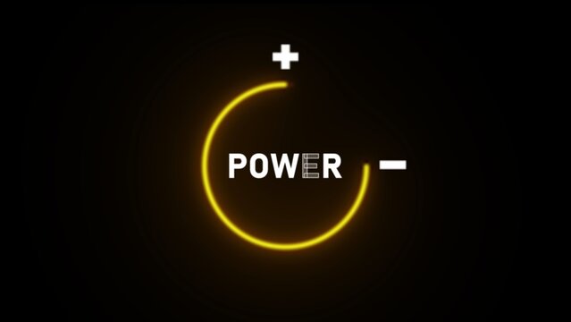 Yellow neon circular frame with the word power in the center and plus and minus symbols on a dark background, for energy concepts