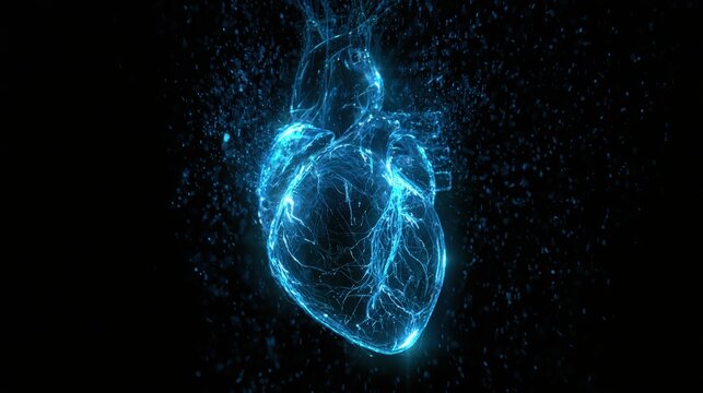 Glowing digital human heart made of blue light particles