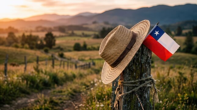 Chilean flag and a straw hat hanging on a rustic wooden fence at golden hour.