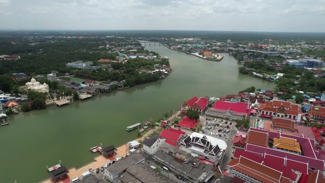 Aerial view of Wat Yai on the Mae Klong River in Samut Songkhram, Thailand