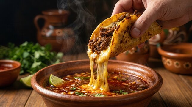 Crispy quesabirria taco with melted cheese dipping into steaming hot beef consome broth.