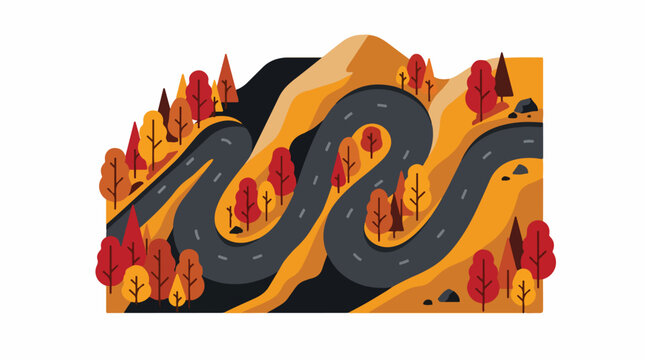 A top-down orthographic POV flat vector illustration of a winding mountain road in autumn. Flanked by stylized trees in brilliant red and ochre, corporate memphis style, flat design, clean solid