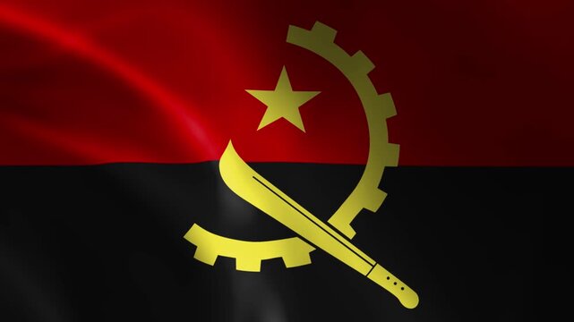 Waving Angola national flag with a red upper band, a black lower band and a yellow machete, half gear and star emblem, fluttering in the wind, full HD 5 second seamless loop animation