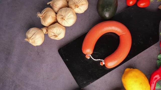 UHD overhead shot of horseshoe sausage on black board with vegetables and herbs.