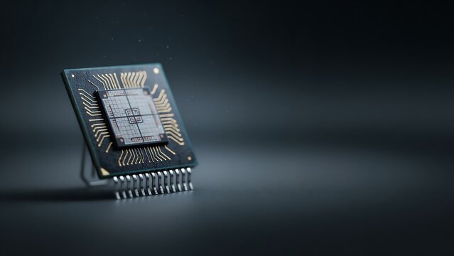 Closeup of a hightech computer processor chip with gold electrical circuitry pathways