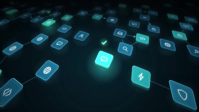 Connected app icon tiles on digital floor animation on dark background for technology ecosystem integration and smart platform network